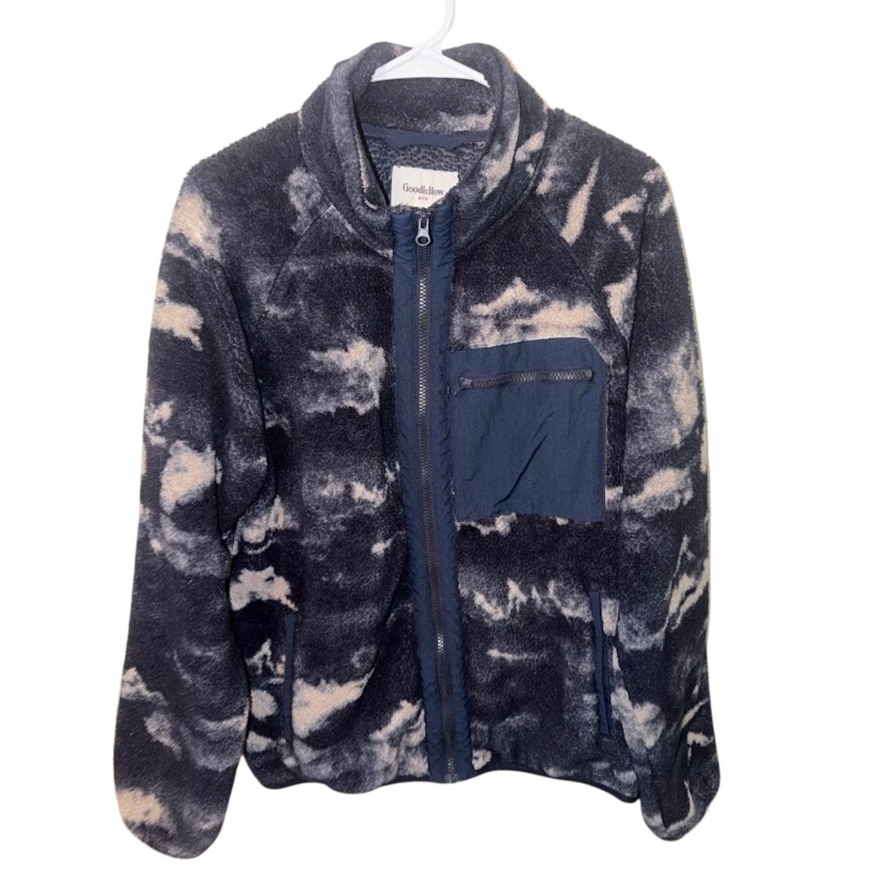 Goodfellow & Co Mens Medium Full Zip Fleece Jacket Navy Cream Cloud Pattern